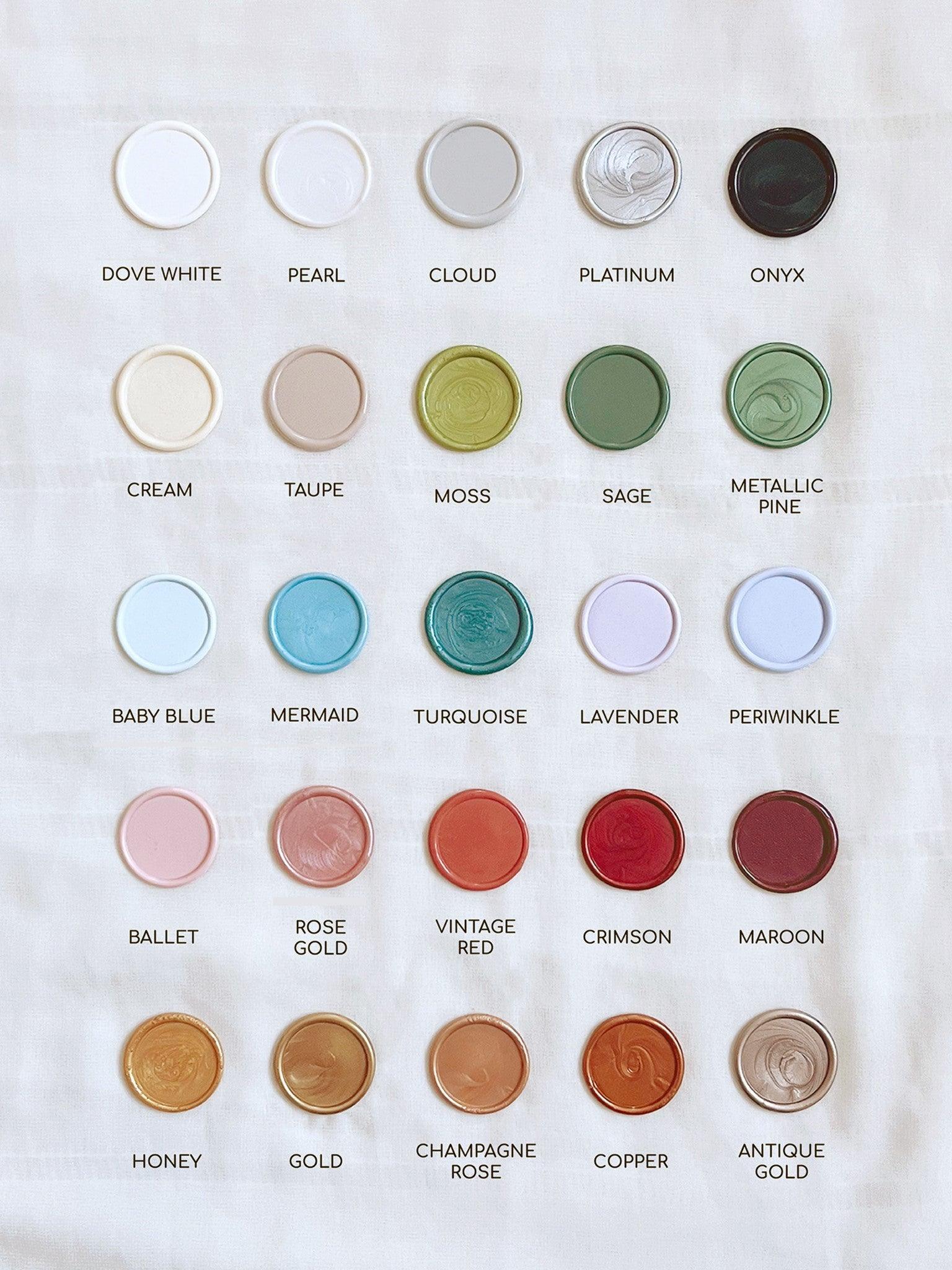 Made of Honour wax seal colour chart containing variations of white, off-white, silver, black, green, blue, purple, pink, red, and gold.